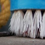 Close-up of a blue brush with white bristles