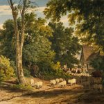 herd of sheep on road painting